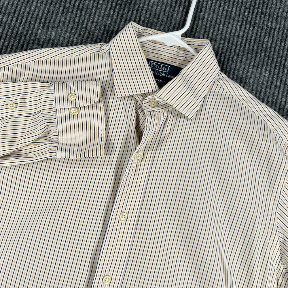 Polo Ralph Lauren Shirt Mens 16 Blue Yellow Striped Long Sleeve Button Up Regent